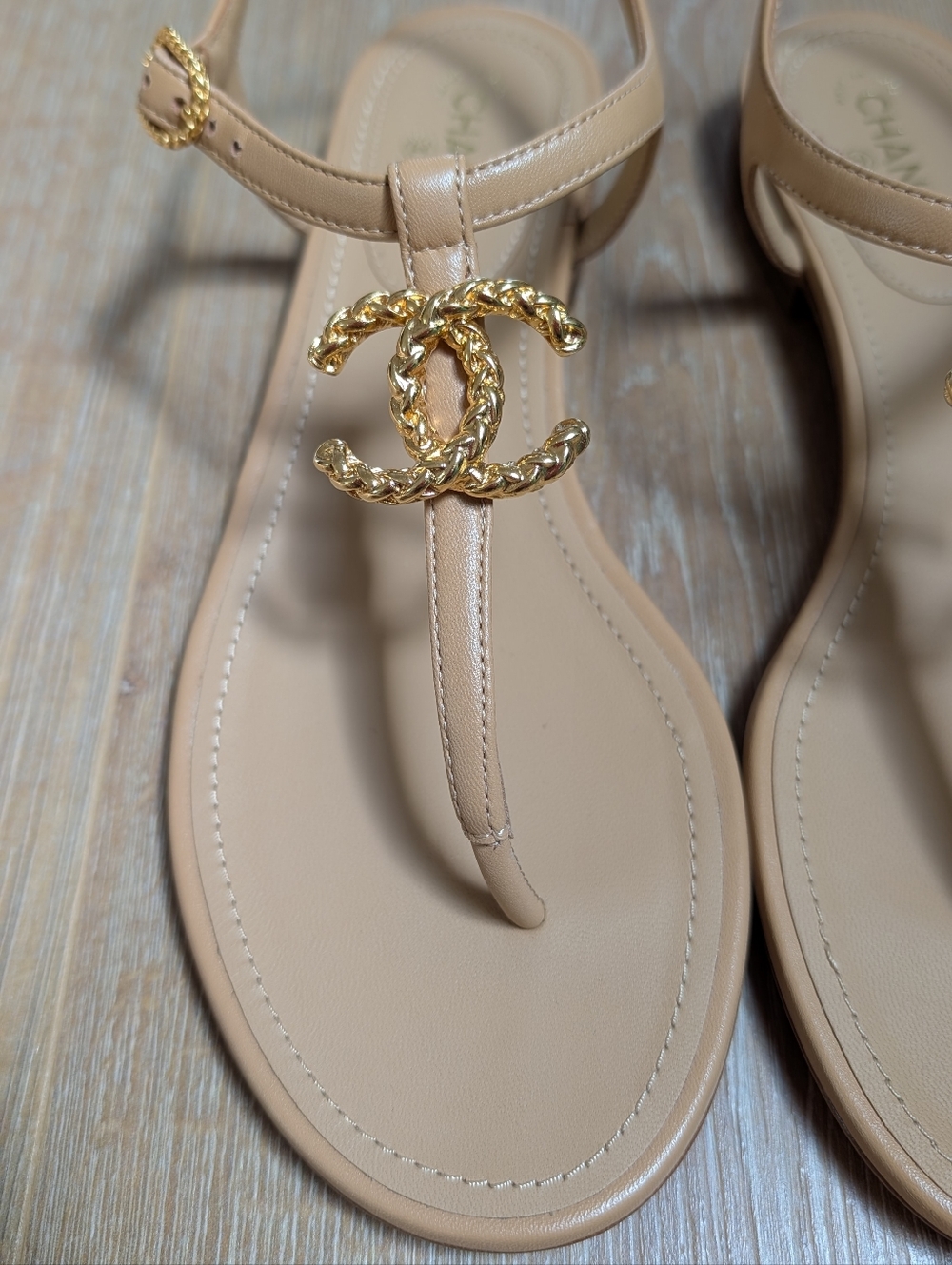 CHANEL Tan Leather T-Strap Sandals with Gold CC Hardware - Picture 4 of 9